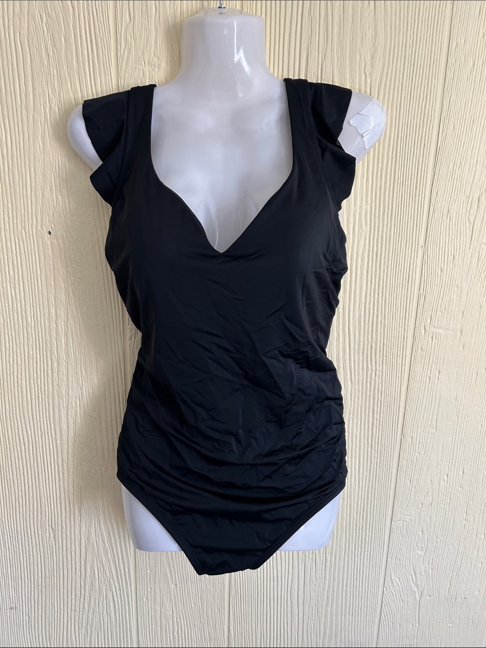 Women’s Black V-Neck Ruffle Sleeve Bathing Suit